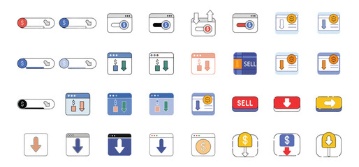 Collection of various financial web elements and icons representing money profit loss and financial transactions in color