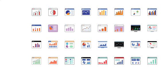 Colorful icons representing financial data charts and business graphs in a set of web browser windows