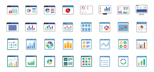 Collection of vector illustrated web browser windows displaying various business and financial data charts and graphs