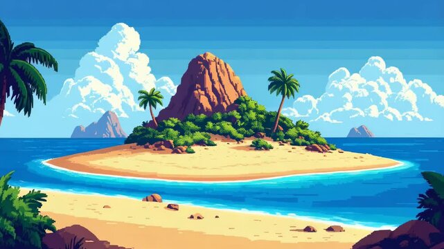 Pixel art tropical island paradise with palm trees, sandy beach, and a rocky mountain peak against a blue sky and fluffy clouds