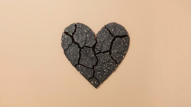 Broken asphalt heart shape on minimal beige background