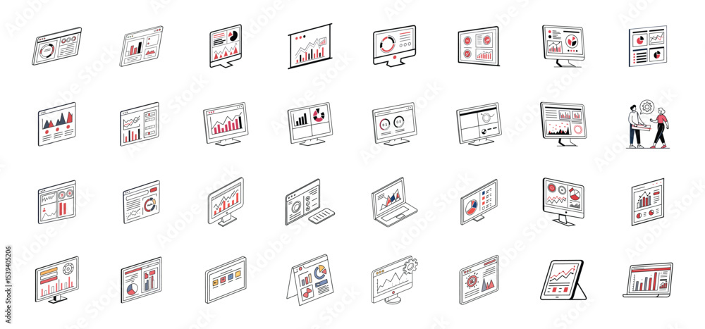 Poster isometric view of diverse business analysis and data reporting illustrations showcasing financial pe