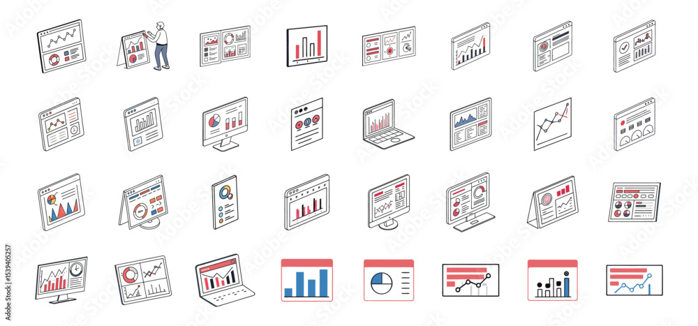 Poster set of hand drawn business analytics graphics shown on various screens and devices for data analysis