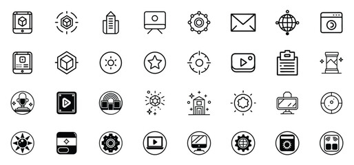 Modern collection of various minimalist line icons suitable for web interface design and mobile applications development