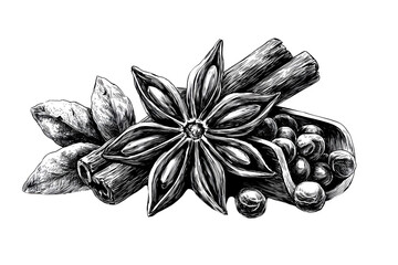 Line drawing of star anise, clove buds, pods, and plant segments in engraved spice set format. Detailed, elegant ink sketch ideal for packaging and culinary art. Ultra HD
