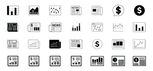 Collection of finance and economic illustrations featuring charts newsletters and dollar signs for various commercial applications