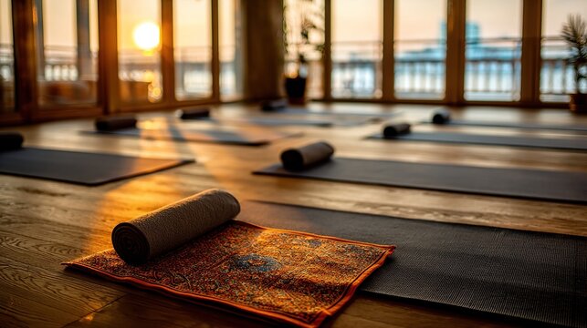 Sunlit yoga studio with rolled mats and blankets on hardwood floor, overlooking a sunset view through large windows