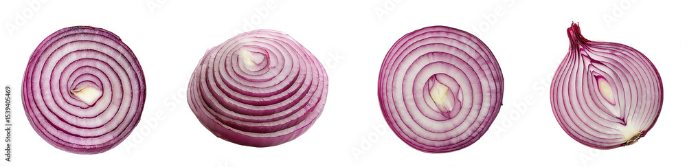 Poster set of close-up view of sliced red onions isolated on transparent background