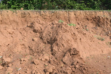 Pile of soil. The soil has been dug out and kept to make Clay brick. Red soil in Natural environment.
