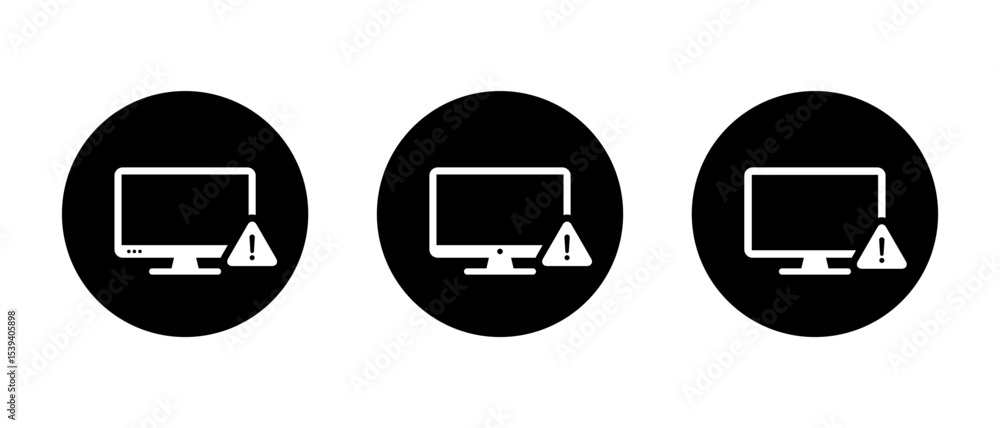 Aufkleber desktop computer with warning sign icon on black circle. malware and virus alert symbol