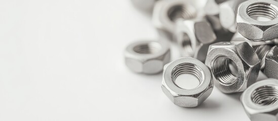 Hexagonal arrangement of metallic nuts on a bright surface showcasing intricate design