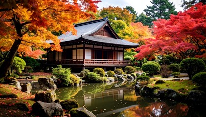 Autumn Zen Garden House Reflection.