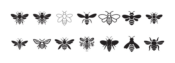 Black silhouette of Bee Icon Set. different bee icons silhouette, honey bee icon simple thin line vector illustration eps 10.