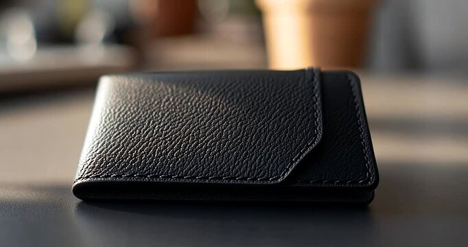 Close-up view of a black leather wallet resting on a dark surface. Soft, warm lighting highlights the textured leather