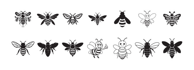 Flying bee icon isolated on white background,  black color bee silhouette icon. Bee icons. Vector illustration eps 10.