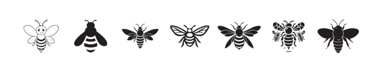 Flying bee icon isolated on white background,  black color bee silhouette icon. Bee icons. Vector illustration eps 10.