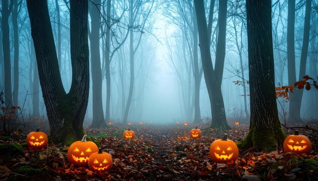 Halloween fog-filled forest path with jack-o'-lanterns - Powered by Adobe