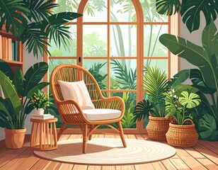 Fototapeta premium Vector art of tropical reading book with rattan chair, indoor plants, wooden floor, sunlight streaming through bamboo window, cozy and warm mood