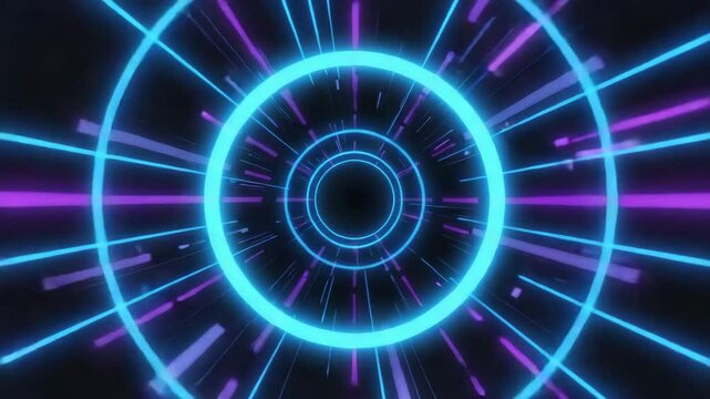 A dynamic neon-infused digital tunnel of concentric rings evoking sci-fi hyperspace motion and futuristic data flow.