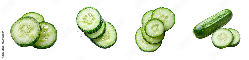 Poster set of fresh cucumber slices and whole cucumber isolated on transparent background