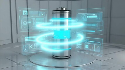 Futuristic battery with holographic interface displaying energy data in high-tech laboratory environment. - Powered by Adobe
