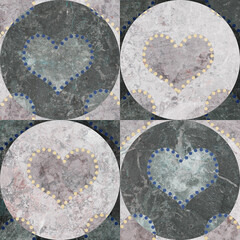 Geometric pattern texture with grunge stone hearts. Stylish floor wall tile heart