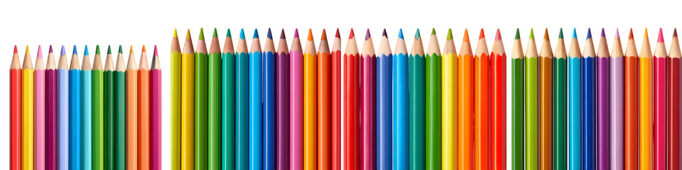 A colorful display of various pencils arranged in rows  long title An assortment of vibrant multicolored pencils neatly arranged in parallel