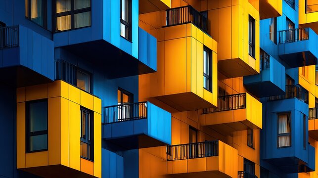 Abstract close-up of a modern building's facade featuring a complex interplay of vibrant blue and orange cubic structures, punctuated by numerous 