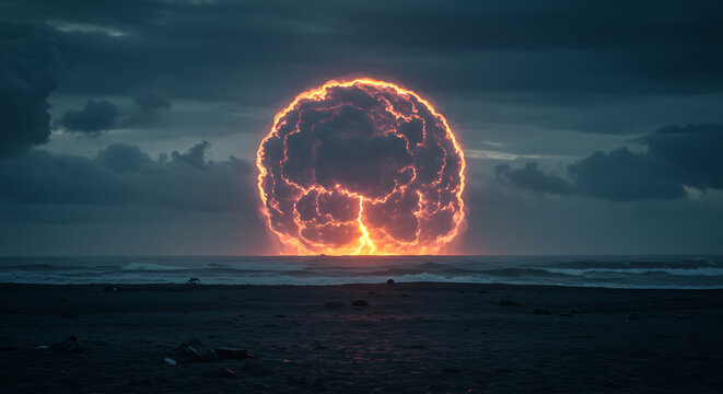 Dramatic Coastal Scene with Fiery Explosion Over the Ocean at Dusk