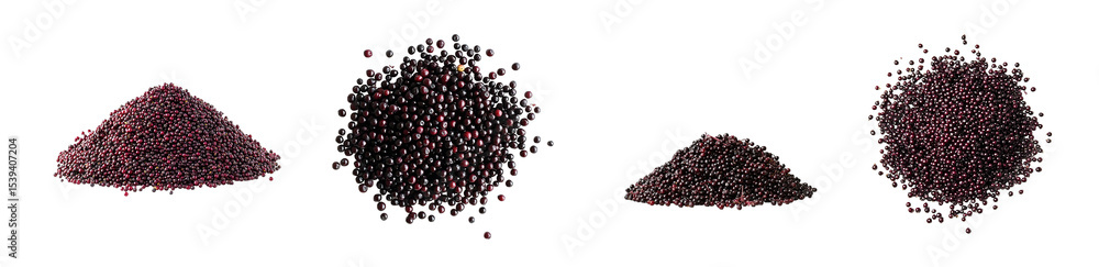 Poster set of close-up view of various piles of dark purple granular material. isolated on transparent back