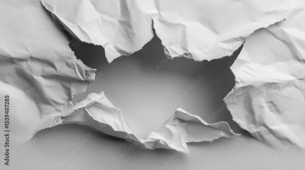 Poster crumpled paper fold tearing open to reveal a hidden space beneath, showcasing texture and contrast i