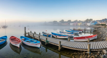 Fototapeta premium A serene harbor with colorful rowboats moored along a wooden pier in a misty morning setting.