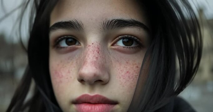 Close-up portrait of a young woman with freckles and dark hair, wearing a hooded garment. Neutral background with blurred urban details
