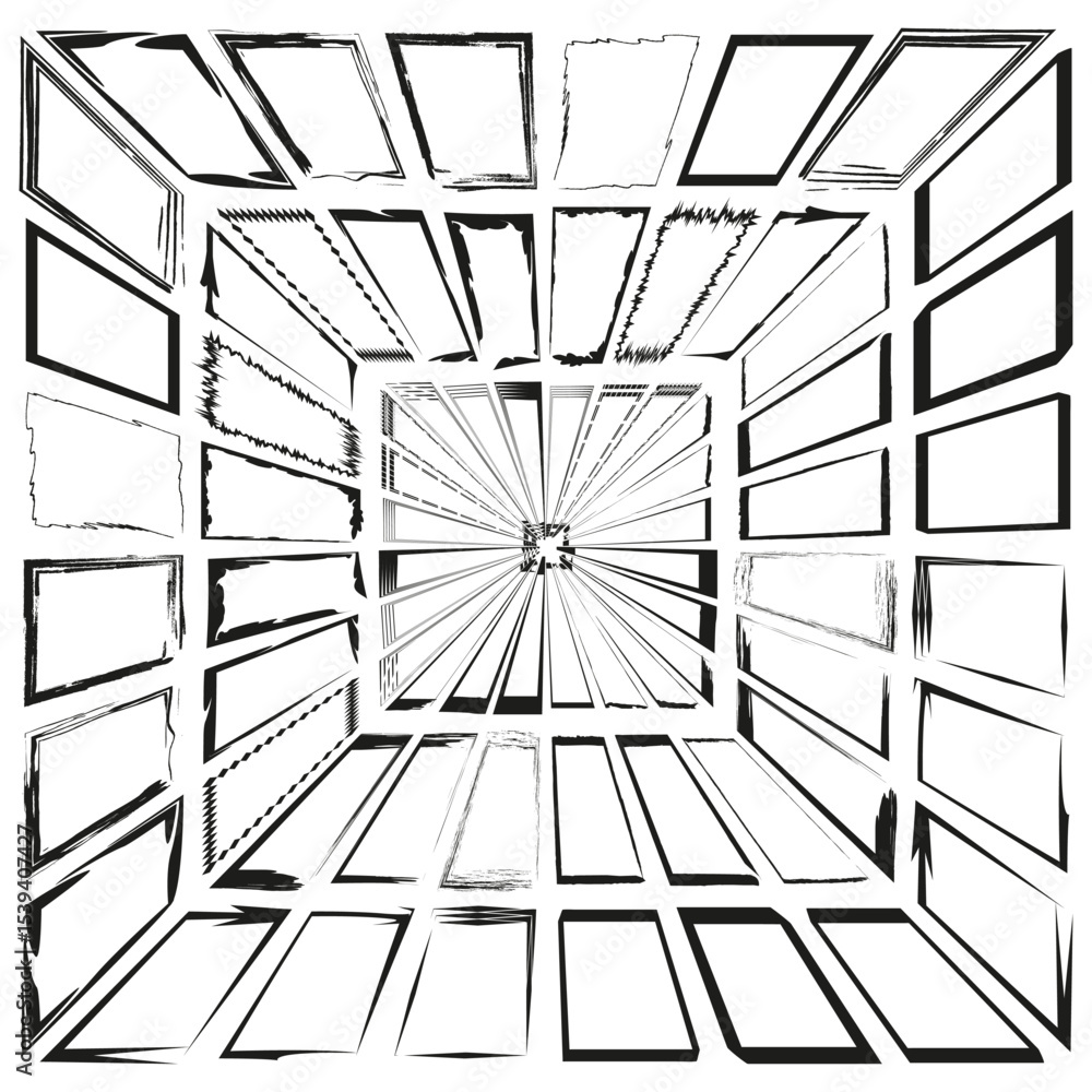 Poster geometric burst design. central square rays. abstract perspective form. vector black layout.