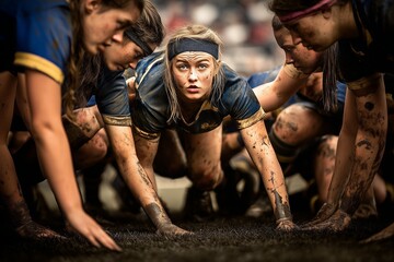 An empowering image of elite female athletes locked in a scrum, their collective power and focus symbolizing the spirit of women's professional sports.
