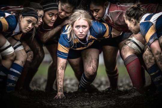 The raw power and unity of women's rugby is captured in a dynamic, gritty shot of a scrum in action, focusing on the athletes' intense, determined faces.