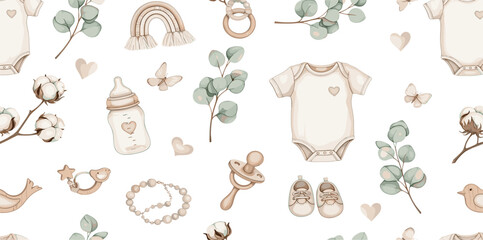 Seamless watercolor pattern with Infant clothing, eucalyptus leaves, hearts, ribbons, and toys. Illustration of backdrop with bottle and pacifier for Baby shower design or childish wrapping paper