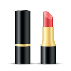 Obraz premium Open red lipstick in black tube with golden details, premium realistic vector mockup