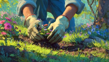 Naklejka premium Person planting flowers in garden