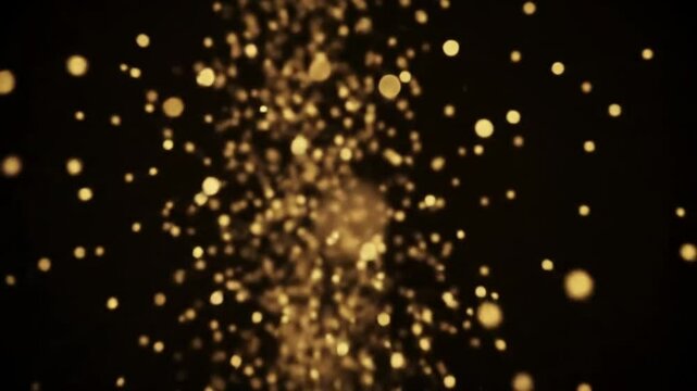 Golden particles slowly drifting upwards on a black background. Cinematic, bokeh