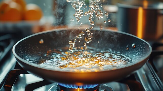 Cooking oil in motion over a gas stove, capturing bubbles and heat dynamics for culinary enthusiasts