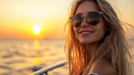 Sunset cruise with smiling blonde woman in sunglasses on a summer evening