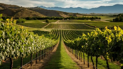 Fototapeta premium Lush vineyard landscape with orderly rows of vines, rolling hills, and distant mountain range