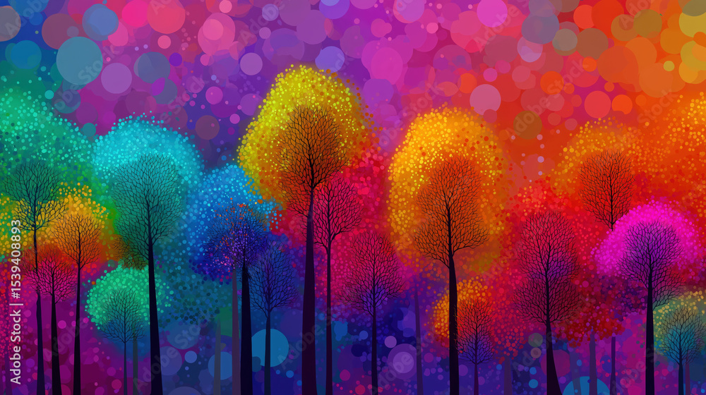 Poster Vibrant abstract forest with colorful trees and bokeh background creates whimsical and enchanting atmosphere. vivid hues and playful design evoke sense of wonder and joy