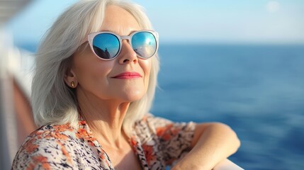 Relaxed senior woman enjoying a cruise ship vacation with ocean view