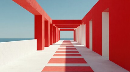Red and white architectural walkway extending to a calm ocean under a clear sky.  The path is marked with red rectangles, contrasting sharply with the white 