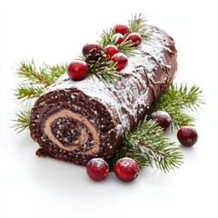 A different delicious Christmas dessert, a chocolate yule log decorated with sugared cranberries