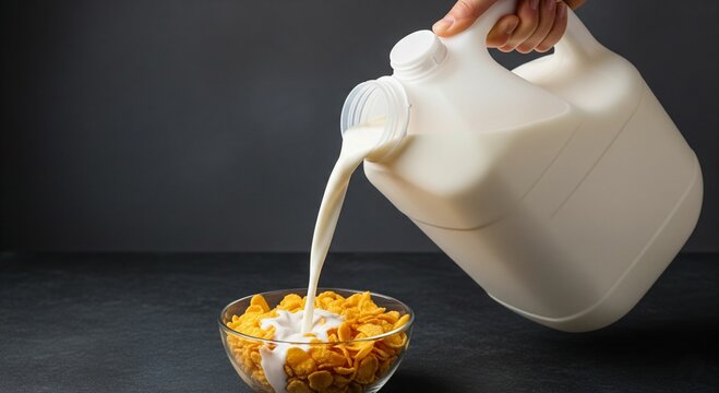 pouring milk into a bowl of corn flakes