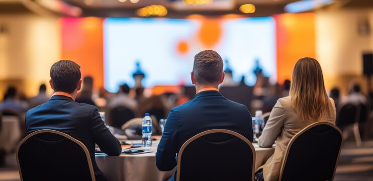 Business professionals engaged at a conference meeting with presentation screen