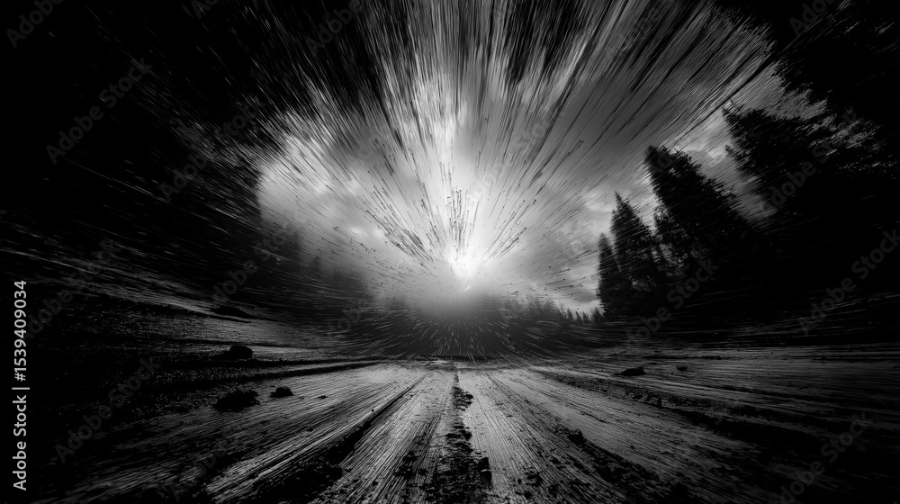 Poster Dramatic black and white image captures dynamic forest scene with burst effect, creating sense of motion and energy. silhouetted trees and textured ground add depth and contrast
